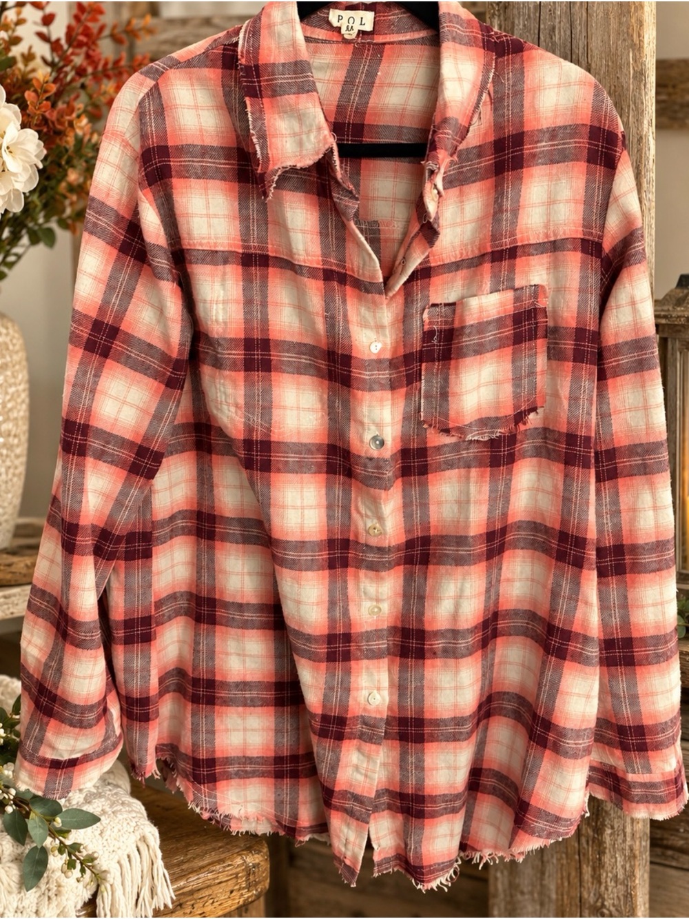 POL Rust and Cream Plaid Button-Down Shirt